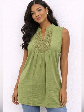 St. John's Bay Women's Olive Green Sleeveless Embellished V-Neck Tunic Top